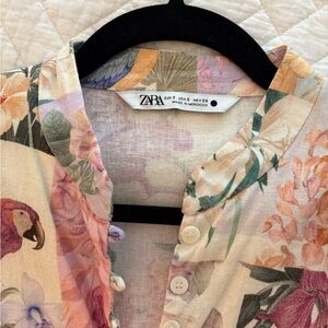 ZARA Pastel Floral Button-Front Linen-Blend Mini Dress